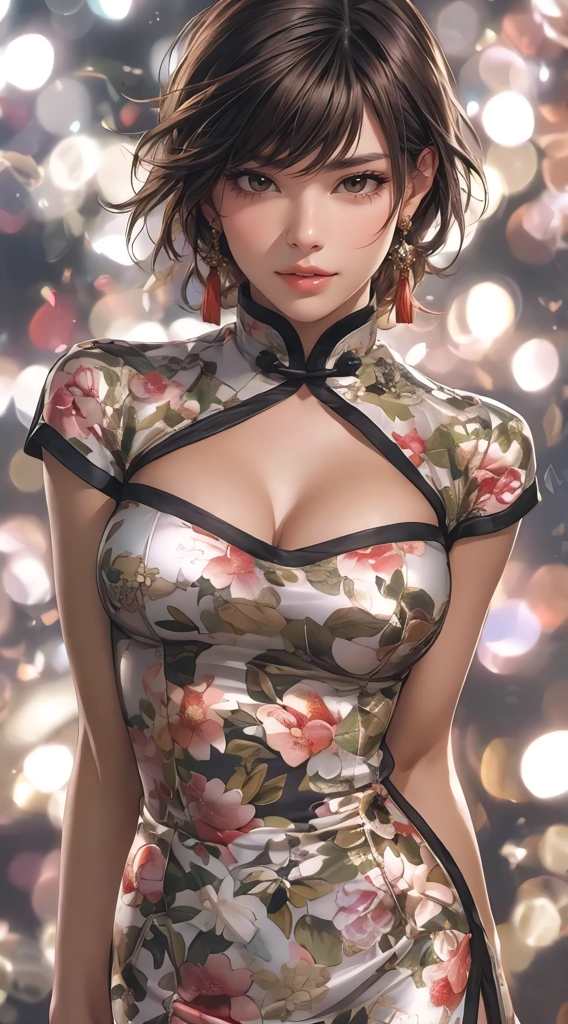 illustration by artgerm,ayami kojima,attractive woman,perfect body,hyperfeminine curves,floral body hugging cheongsam,cute and playful,vibrant,emotive expressions,(best quality,4k,8k,highres,masterpiece:1.2),ultra-detailed,(realistic,photorealistic,photo-realistic:1.37),HDR,UHD,studio lighting,physically-based rendering,extreme detail description,professional,vivid colors,portraits,colorful lighting