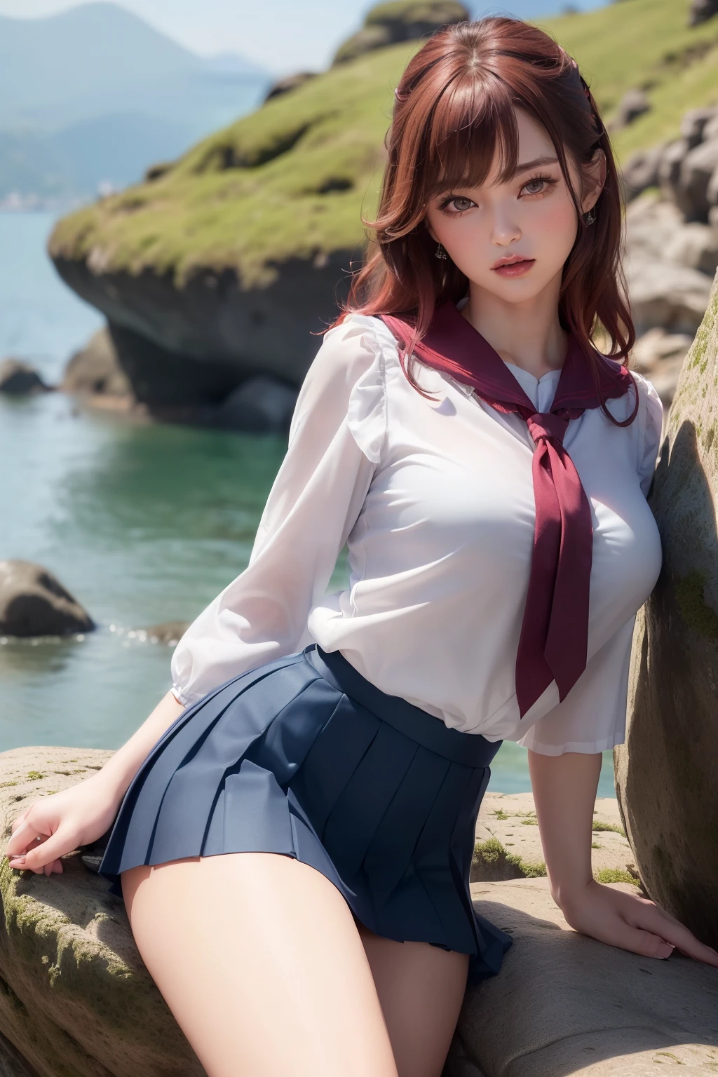 (masterpiece, best quality, cinematic, photorealistic, ultra-detailed), (1girl, Japanese student), (wide shot, from the side:1.4), (wearing a fully unbuttoned and revealing short-sleeved blouse with a sailor-style collar and a ribbon tie:1.4), (super mini navy blue pleated skirt:1.4), (curly red hair, with bangs:1.2), perfect hands, perfect face, (large cleavage), (seductive pose:1.2), (green eyes, soft and shimmery eyeshadows, detailed pupils, defined eyelashes), (blushing, slightly parted lips, cherry lips:1.2), (leaning against a gigantic rock, sensual pose:1.4)