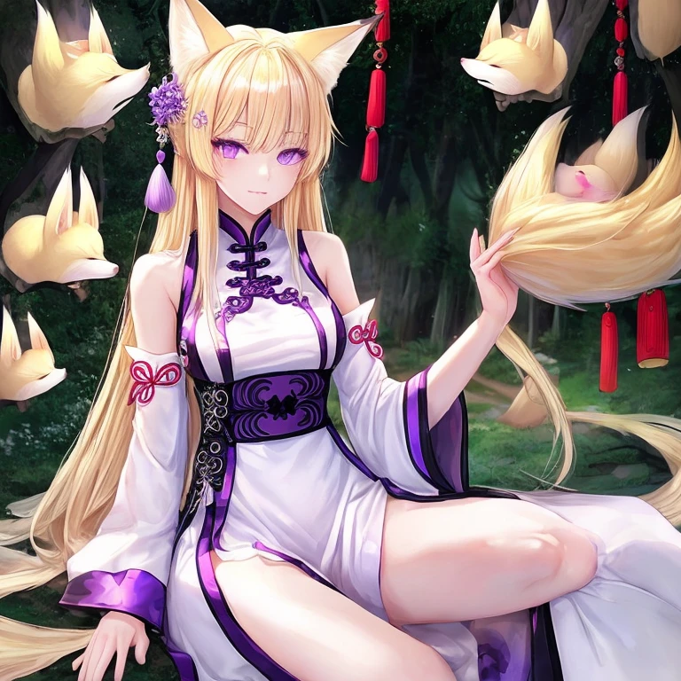 blonde、long hair、fox ears、purple eyes、Beauty、White open-chested Chinese dress、fantastic background、looking at the camera