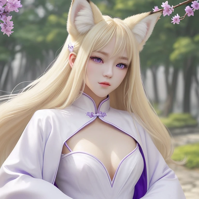 blonde、long hair、fox ears、purple eyes、Beauty、(White open-chested Chinese dress)、fantastic background、looking at the camera、white coat、