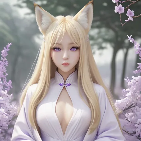 blonde、long hair、fox ears、purple eyes、Beauty、(White open-chested Chinese dress)、fantastic background、looking at the camera、white...