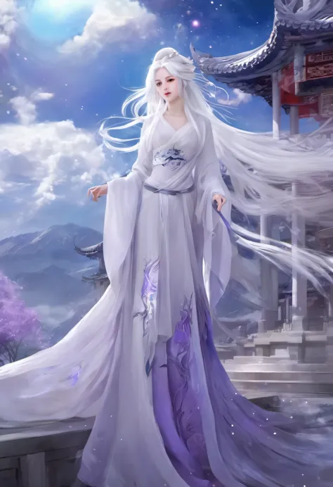 make me a realistic image of this description do not anime  "A White haired girl, White hair, purple eyes, beautyfull, long Whit...