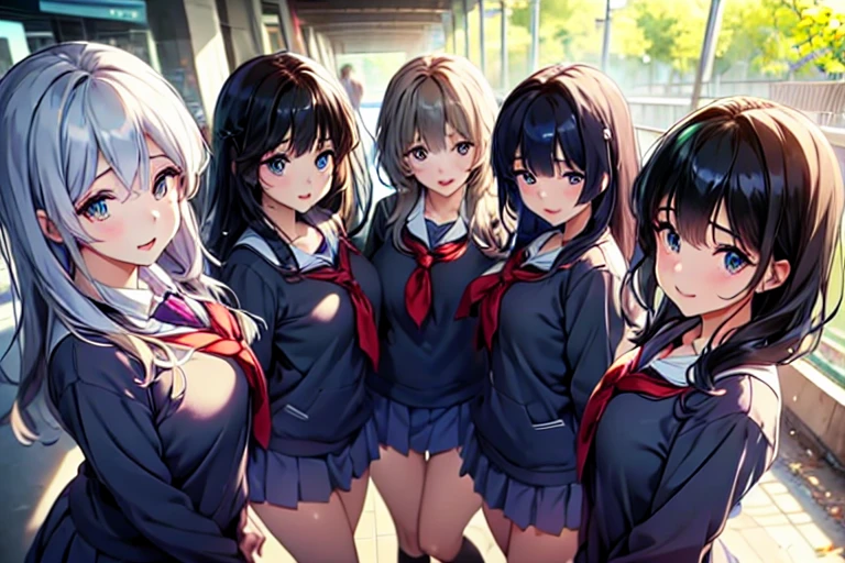 5+girls,cowboyshot,pov,beautiful detailed eyes, detailed lips, long eyelashes, bright and vibrant colors, natural lighting,(best quality, 4k, highres), ultra-detailed, soft and smooth texture, no distractions, dreamlike sensation, slight bokeh effect,highlighting her figure,deformed and independented breasts,schooluniform,side by side,three persons three persons,line formation