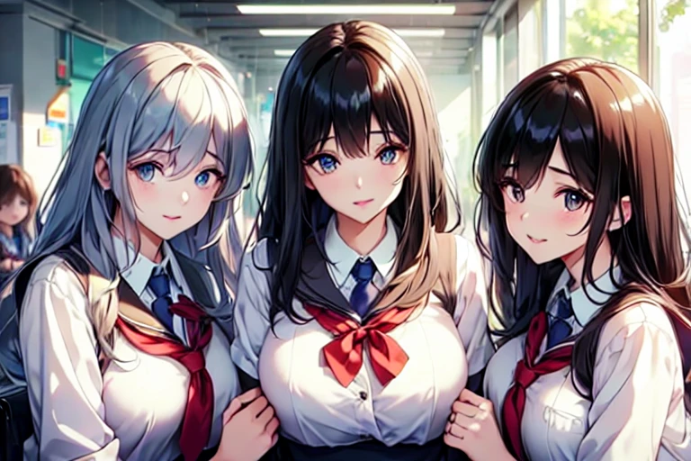 5+girls,cowboyshot,pov,beautiful detailed eyes, detailed lips, long eyelashes, bright and vibrant colors, natural lighting,(best quality, 4k, highres), ultra-detailed, soft and smooth texture, no distractions, dreamlike sensation, slight bokeh effect,highlighting her figure,deformed and independented breasts,schooluniform,side by side,three persons three persons,line formation