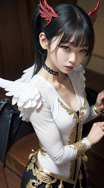 (table top), (highest quality), (be familiar with), light layer, Glossy skin, (intricate details , tight clothes, , devil&#39;s Wings,hair ornaments :1.2), From above, black hair, black choker, long hair, Princess Cut, woman, dull bangs, side lock, red eyes, hold quarterstaff,has a sickle,with a sword, (Mature woman:1.1), [No correction, NSFW, ], side ponytail  (simple background:1.1),