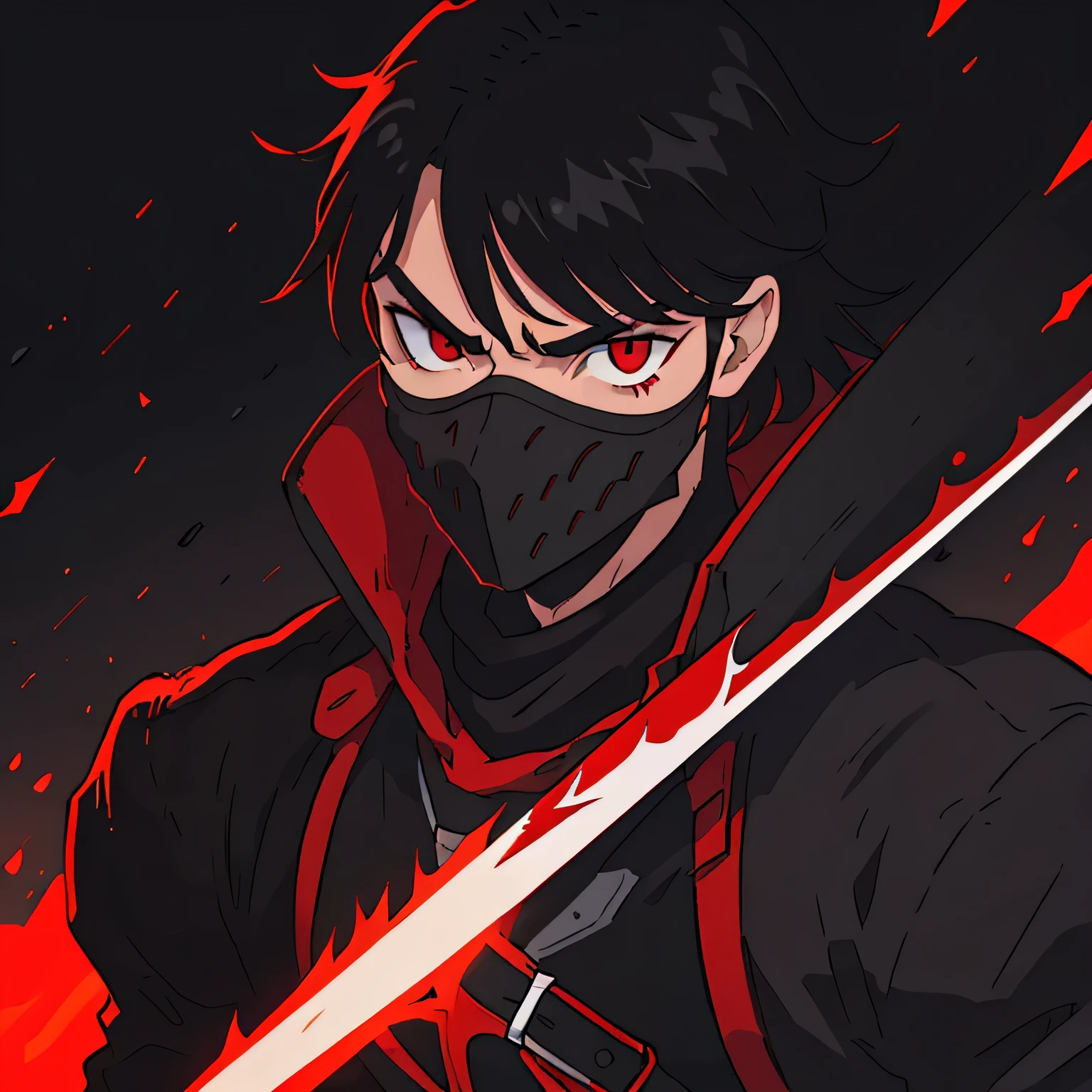 (black hair, bright red eyes, serious expression, cold, upper body, urban background, dark, man, masculine, young, bangs, 4K, high quality, black mask covering mouth, espada nas costas, o olho esquerdo escorrendo sangue