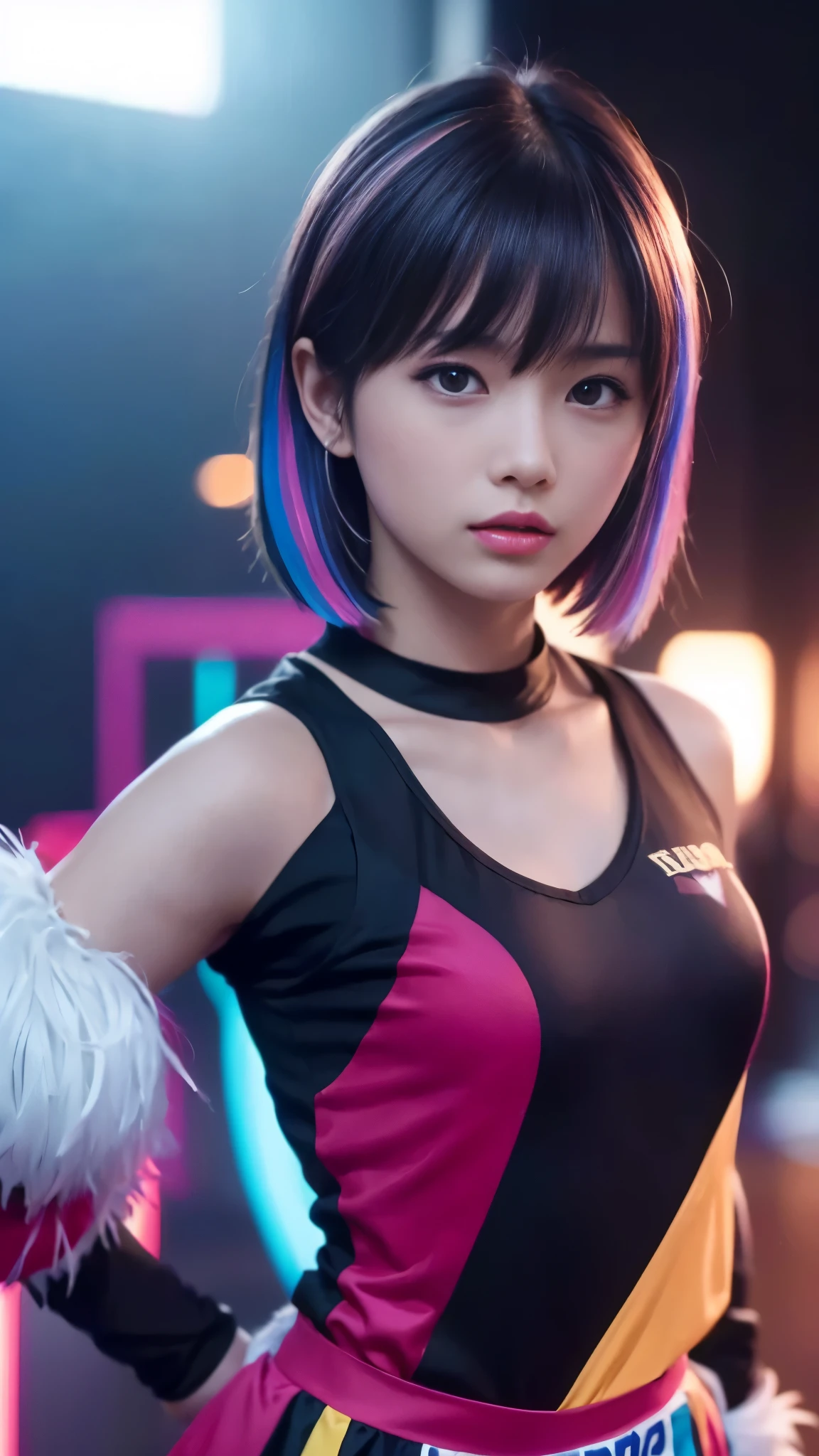 (realism、realistic、Photoreal、 超A high resolution )、girl, solo, long bob,cheerleader、cheer leading、colorful uniform、science fiction tic、  (in the middle of the night), Bokeh, neon light, starry sky, 白くshining hair, white eyebrows, shining hair, (rainbow colored hair), Nipple Ring, bangs,, hair ornaments, look at the audienceください, short hair, portrait, side lock、(masterpiece、highest quality、Highest image quality、highest resolution、Super detailed、Super exquisite、Realistic textured skin and face)、look at the audience、accurate anatomy、