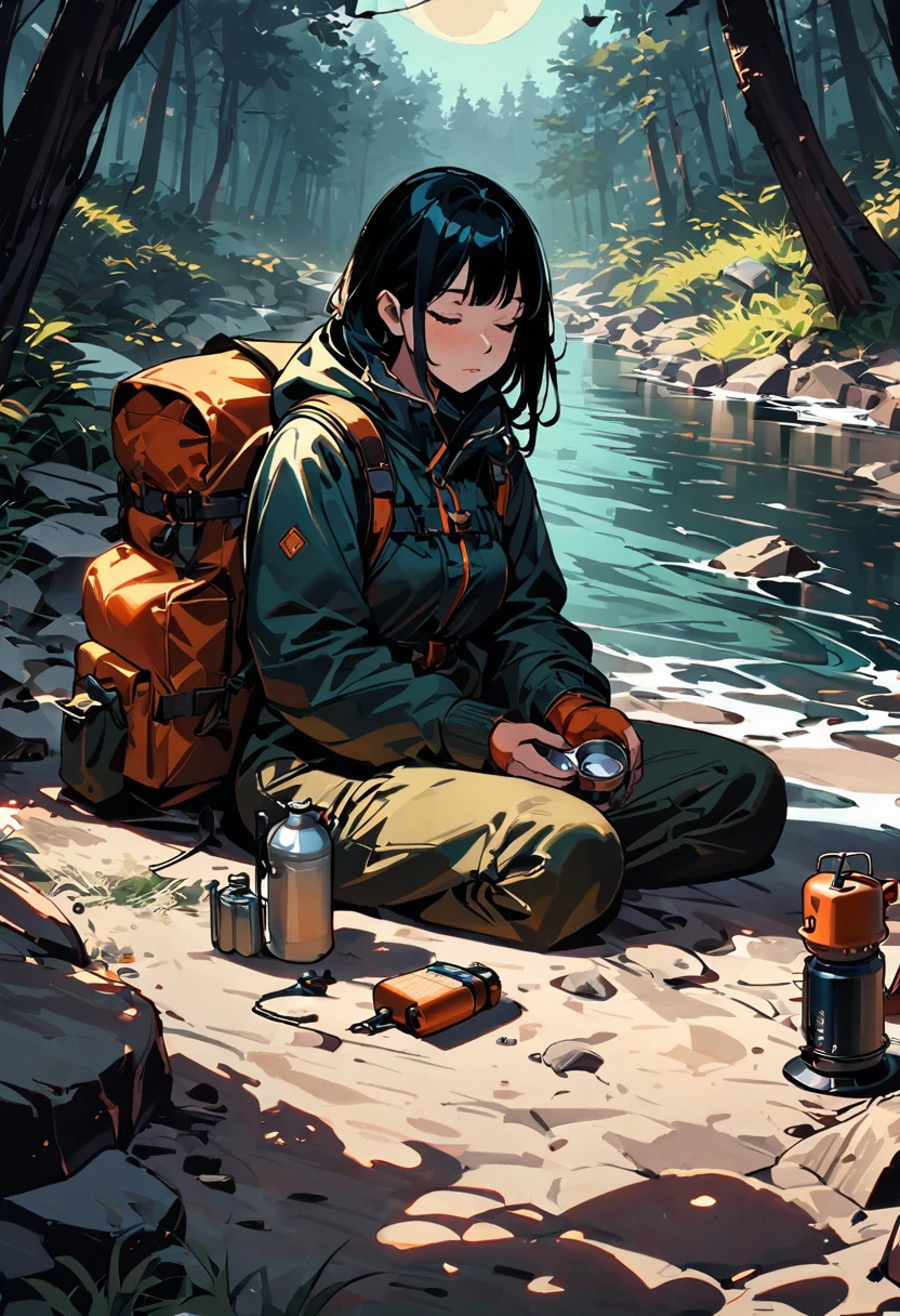 girl, forest, river, nature, moon night, backpack, sleeping bag, Camping stove, water bottel, mitts, flashlights, Rock, wood, smokes, shadow, contrast, clear sky, outdoor, warm color palette, Realistic, (masterpiece, best quality, perfect composition, very aesthetic, absurdres, ultra-detailed, intricate details, Professional, official art, Representative work:1.3), (Animagine:0.01)