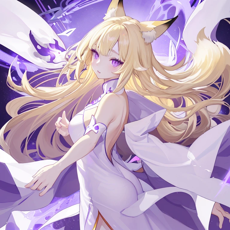 blonde、long hair、fox ears、purple eyes、Beauty、(White Chinese dress with open shoulders and exposed shoulders)、fantastic background、looking at the camera、white coat、whole body、