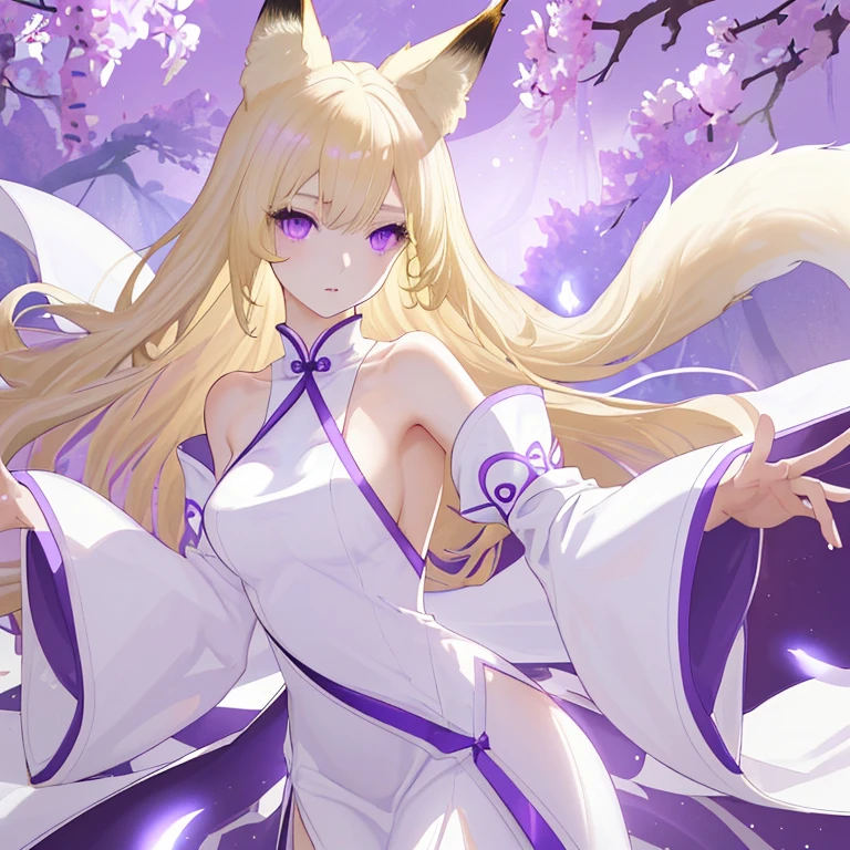 blonde、long hair、fox ears、purple eyes、Beauty、(White Chinese dress with open shoulders and exposed shoulders)、fantastic background、looking at the camera、white coat、whole body、