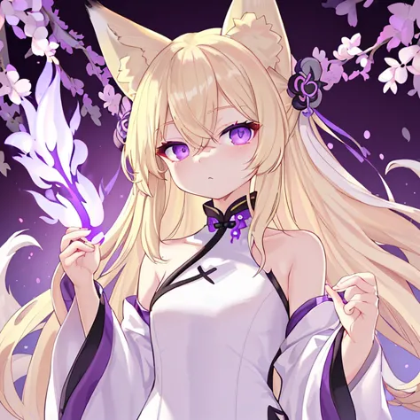 blonde、long hair、fox ears、purple eyes、beauty、(white chinese dress with open shoulders and exposed shoulders)、fantastic backgroun...