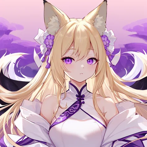 blonde、long hair、fox ears、purple eyes、beauty、(white chinese dress with open shoulders and exposed shoulders)、fantastic backgroun...