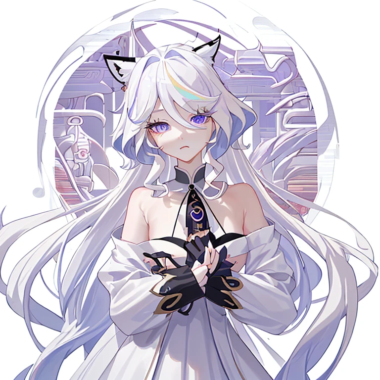 blonde、long hair、fox ears、purple eyes、Beauty、(White Chinese dress with open shoulders and exposed shoulders)、fantastic background、looking at the camera、white coat、whole body、