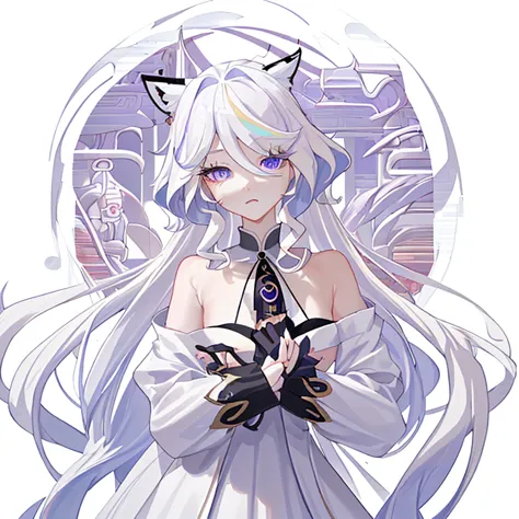 blonde、long hair、fox ears、purple eyes、Beauty、(White Chinese dress with open shoulders and exposed shoulders)、fantastic backgroun...