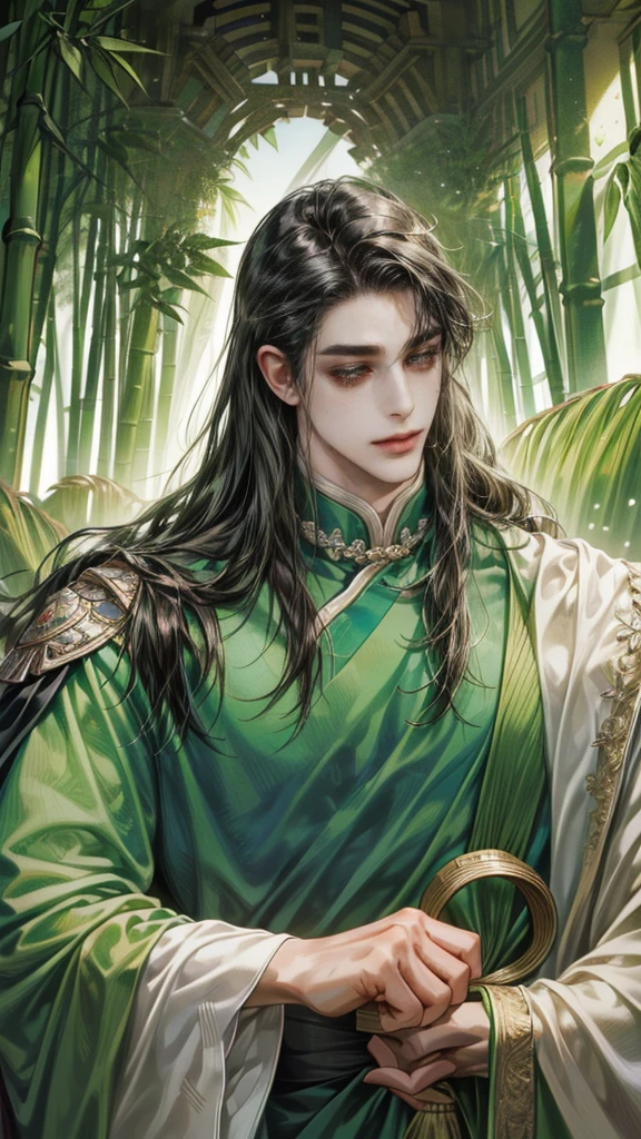  beautiful youth, a bright smile,All green clothing,(absurdres, highres, ultra detailed, HDR), masterpiece, best quality, (1 boy) , boy character ,((Thick ,black, long hair)),beautiful face,detailed interior, detailed character,((man)),(male in bamboo forest), black hair,he smile,1man,the house of ancient China, beautiful man with long black hair and black eyes,((solo man)),long hair,((he has a Big eyes, charming lips, slim nose and small face)),he has a slander shape,(thin body),position,ponytied it with accessories,(Men with small, narrow shoulders),ponytied it with accessories,one boy