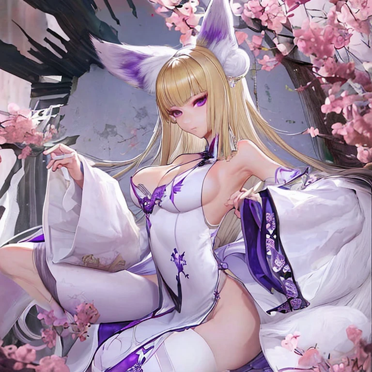 blonde、long hair、fox ears、purple eyes、Beauty、(White Chinese dress with open shoulders and exposed shoulders)、fantastic background、looking at the camera、white coat、whole body、