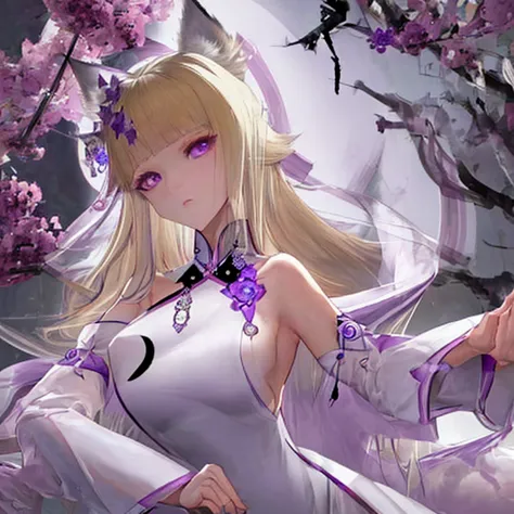 blonde、long hair、fox ears、purple eyes、beauty、(white chinese dress with open shoulders and exposed shoulders)、fantastic backgroun...