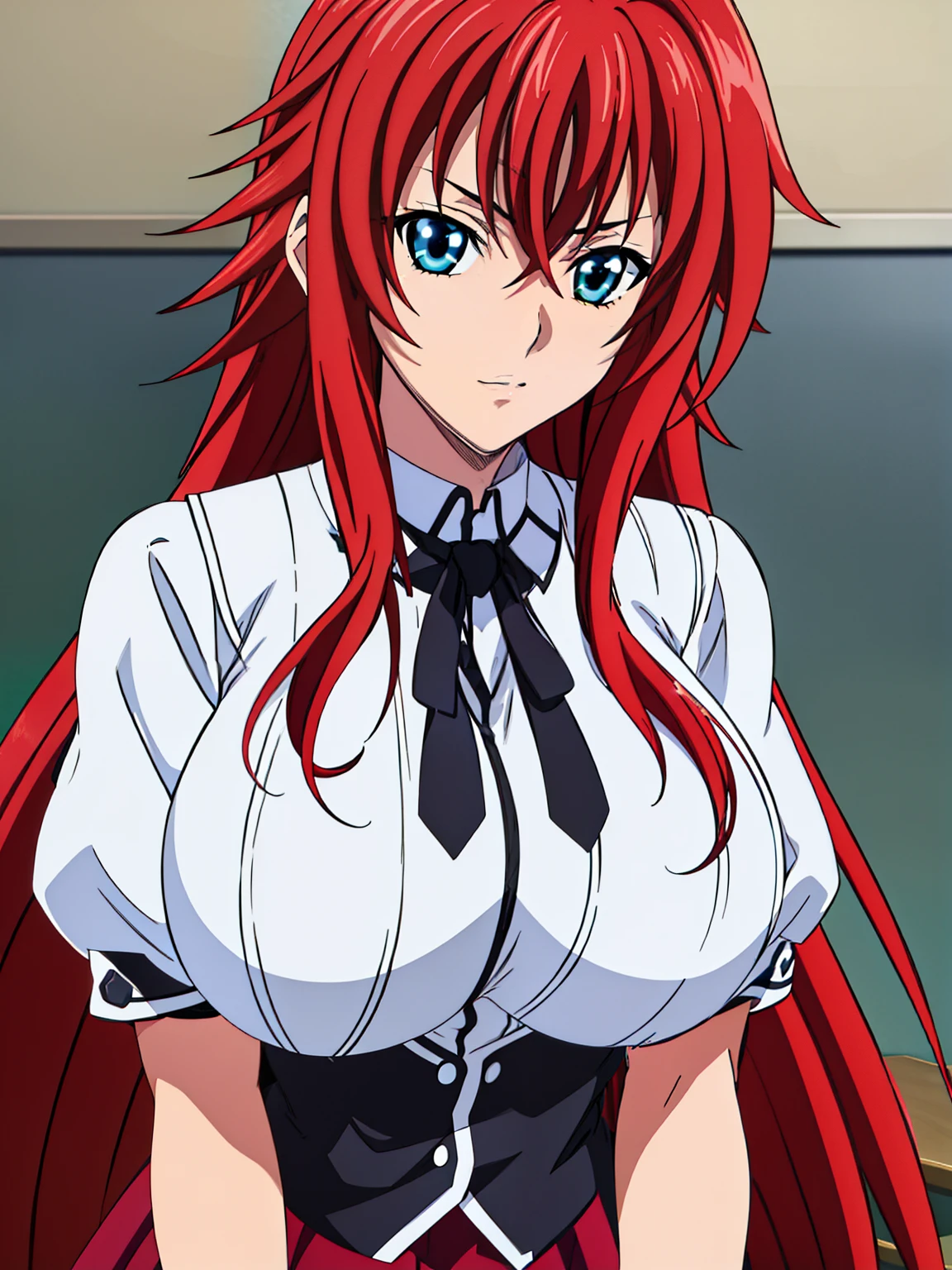 Black cape, Black neckwear, white shirt, short sleeves, red pleated skirt, sailor collar, classroom background, Rias Gremory, anime cels style, best quality, high resolution, 1girl, (huge breasts:1.2), beautiful face, Red hair,Very long hair, Blue EYES, cowboy shot