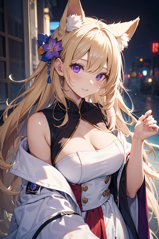 blonde、long hair、fox ears、purple eyes、Beauty、(White Chinese dress with open shoulders and exposed shoulders)、fantastic background、looking at the camera、white coat、whole body、