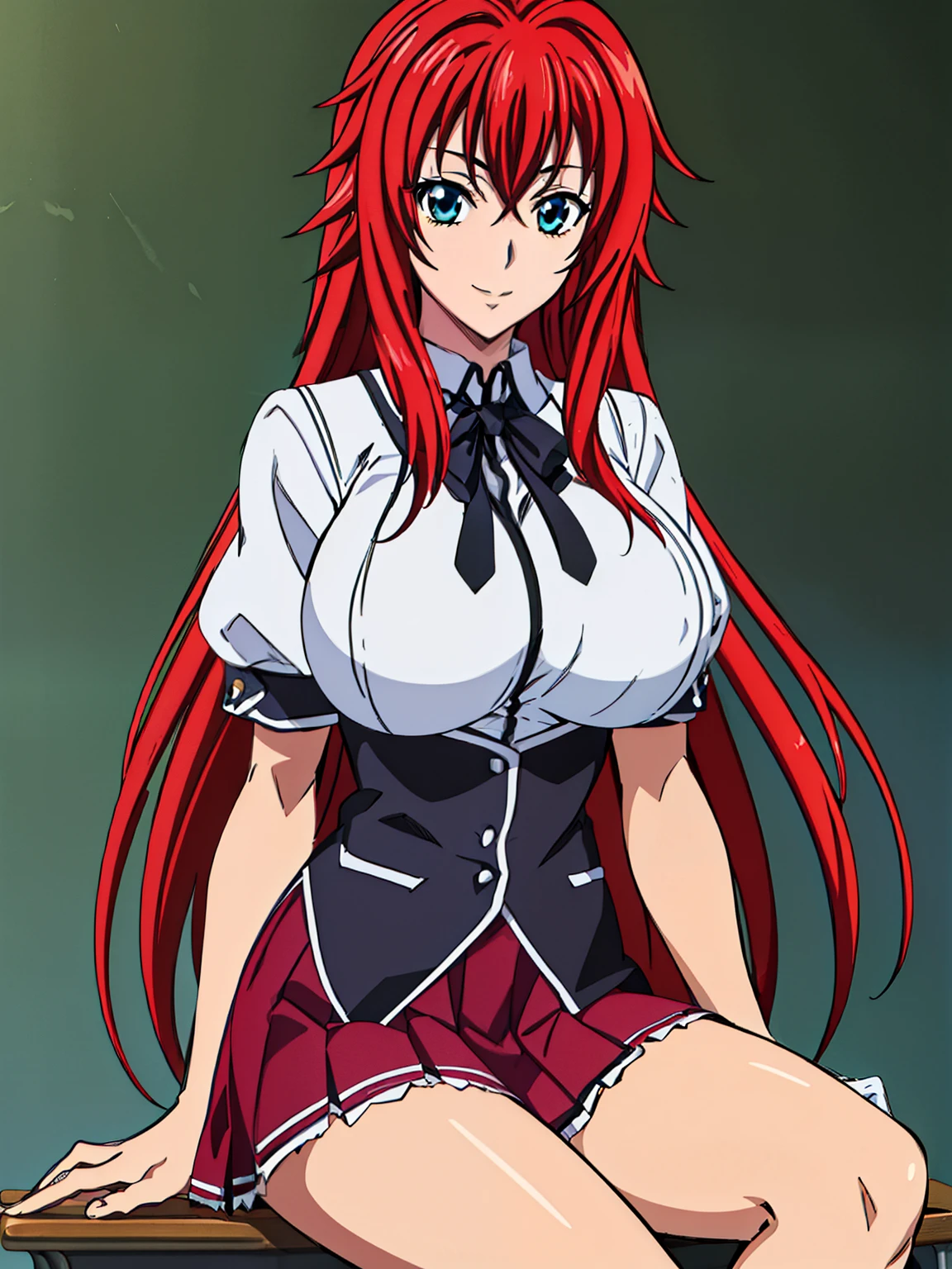 sitting at school chair, Black cape, Black neckwear, white shirt, short sleeves, red pleated skirt, sailor collar, classroom background, Rias Gremory, anime cels style, best quality, high resolution, 1girl, (huge breasts:1.2), beautiful face, Red hair,Very long hair, Blue EYES, cowboy shot, smiling, 