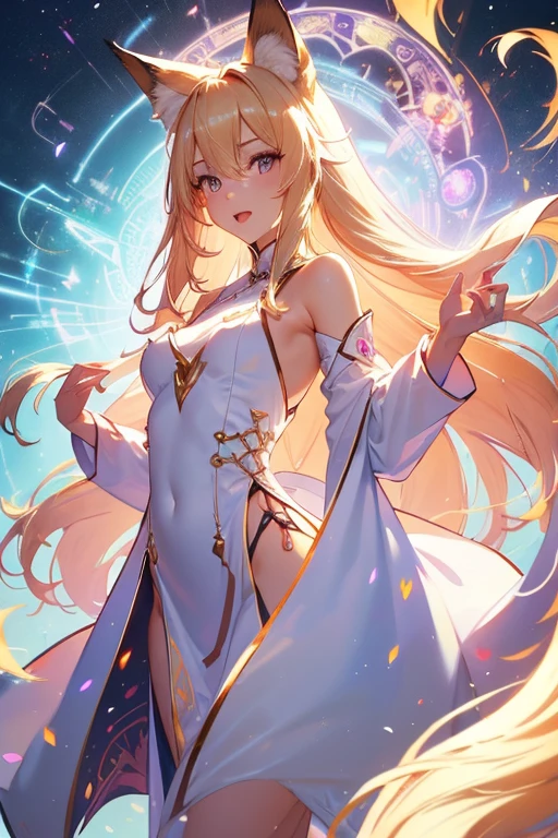 (4K image:1.3),High resolution,Super beautiful illustration,blonde、long hair、fox ears、purple eyes、Beauty、(White Chinese dress with open shoulders and exposed shoulders)、fantastic background、looking at the camera、white coat、whole body、