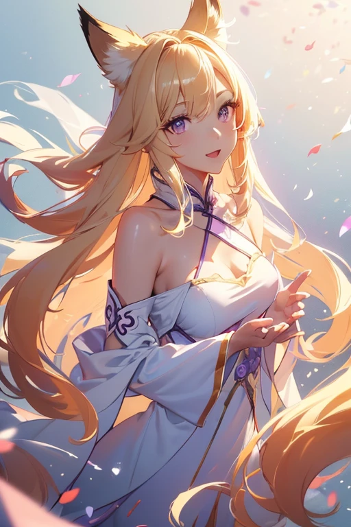 (4K image:1.3),High resolution,Super beautiful illustration,blonde、long hair、fox ears、purple eyes、Beauty、(White Chinese dress with open shoulders and exposed shoulders)、fantastic background、looking at the camera、white coat、whole body、