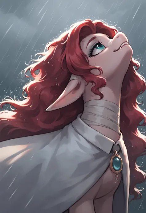 score_9, score_8_up, score_7_up, feral, pony, solo-focus, female pony, adult, (straight ear), white fur, "pointed ears", smile, in the rain, hairstyle with the bun,"red hair", {(white body), (wavy medium long hair), fangs, makeup, elf ears, aqua eyes}, shi...