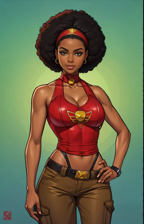 a cartoon of a woman with a red top and a red headband, female lead character, nerdy black girl super hero, 90s comic book chara...