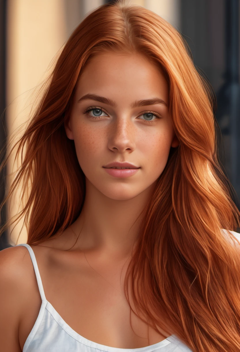 Image super realistic, high quality uhd 8K, d&#39;une fille de 18 ans, Detailed and realistic, roux, cheveux longs roux, high Detailed and realistic skin, (((portrait de visage et d&#39;shoulder))), de vraies couleurs vives, debout