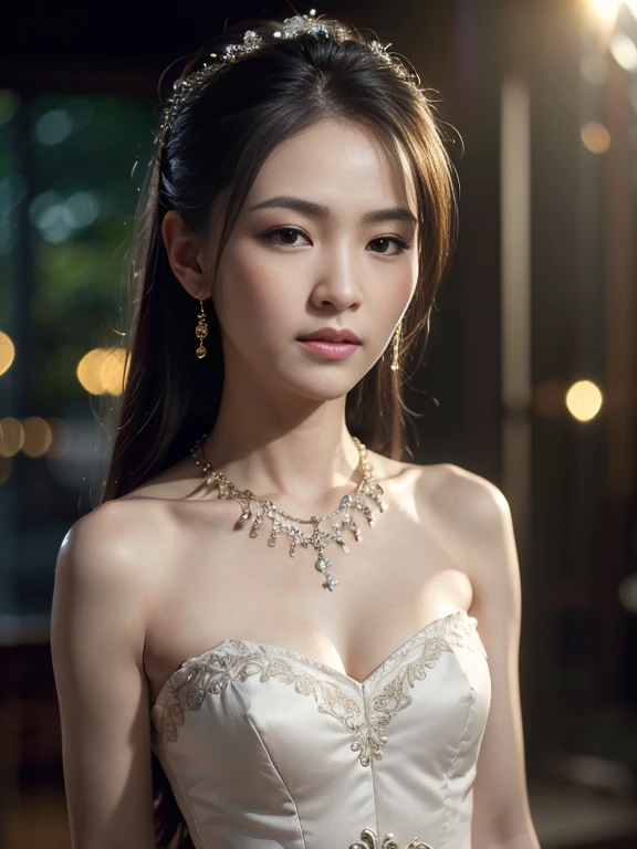 best quality, masterpiece, highres, 1girl,china wedding dress,hair ornament,necklace, jewelry,Beautiful face,slender, small breasts, tyndall effect,photorealistic, dark studio, rim lighting, two tone lighting,(high detailed skin:1.2), 8k uhd, dslr, soft lighting, high quality, volumetric lighting, candid, full body, high resolution, 4k, 8k, Bokeh