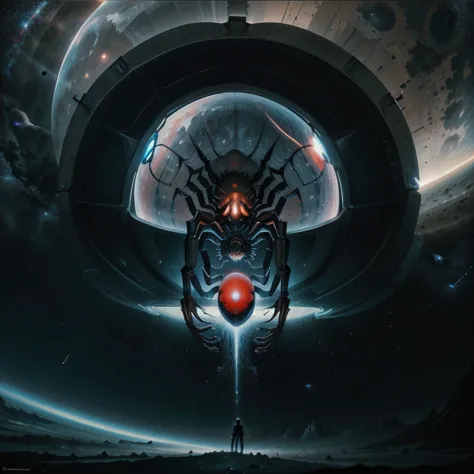 (spider), (enorme), (gigante), (flotando en el espacio), (fondo espacial)