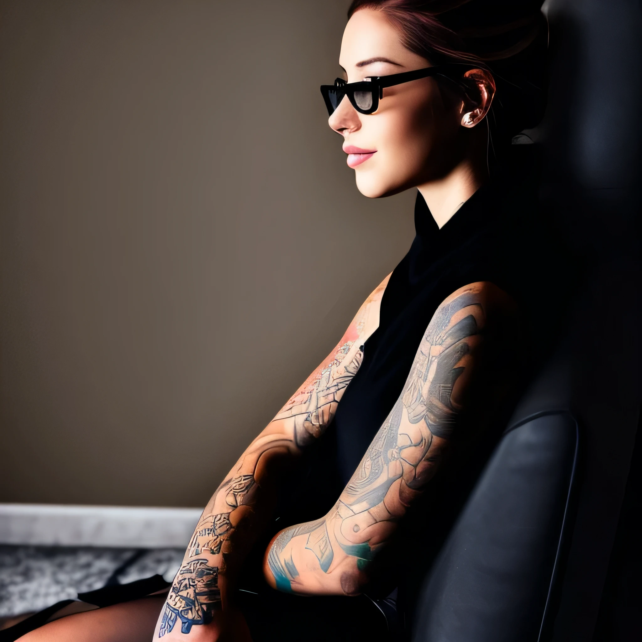 A woman with tattoos sitting on a chair in a room - SeaArt AI