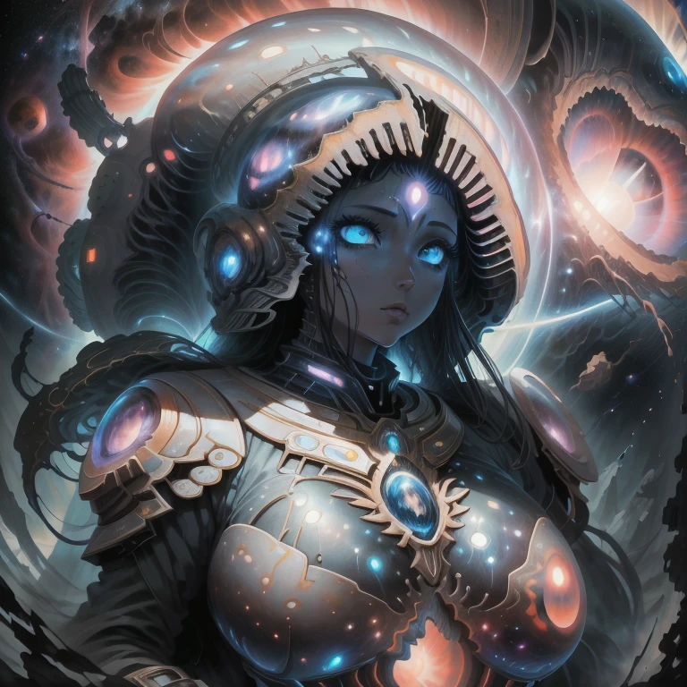 (women), ( beautiful), (bright golden eyes), (giant), (( bigger than everything)), (sexy armor),  (floating in space), (space background)