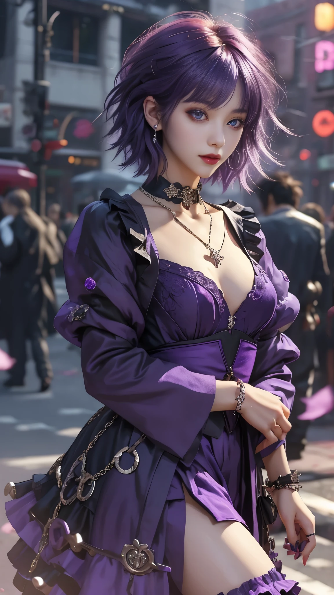 ​masterpiece, top-quality, ((1womanl)), different purple color, finely eye and detailed face, intricate detailes, Casual black and purple attire, window, A smile, Happiness, tenderness, high-level image quality、selfee, Beautuful Women、tall、a small face, D-cups, The upper part of the body、nightfall, nighttime scene、𝓡𝓸𝓶𝓪𝓷𝓽𝓲𝓬、Korea person, Idol Photos, Model photo, k pop, Professional Photos, Vampires, Korean fashion in black and purple, Fedoman with necklace, inspired by Sim Sa-jeong, androgynous vampire, :9 detailed face: 8, extra detailed face, detailed punk hair, ((eyes are deialed)) baggy eyes, Seductive. Highly detailed, semi realistic anime, Vampires, hyperrealistic teen, Delicate androgynous princess, imvu, ((short hair woman)), purple hair woman with wild look, ((Woman with short purple hair)), ((1 persons)),