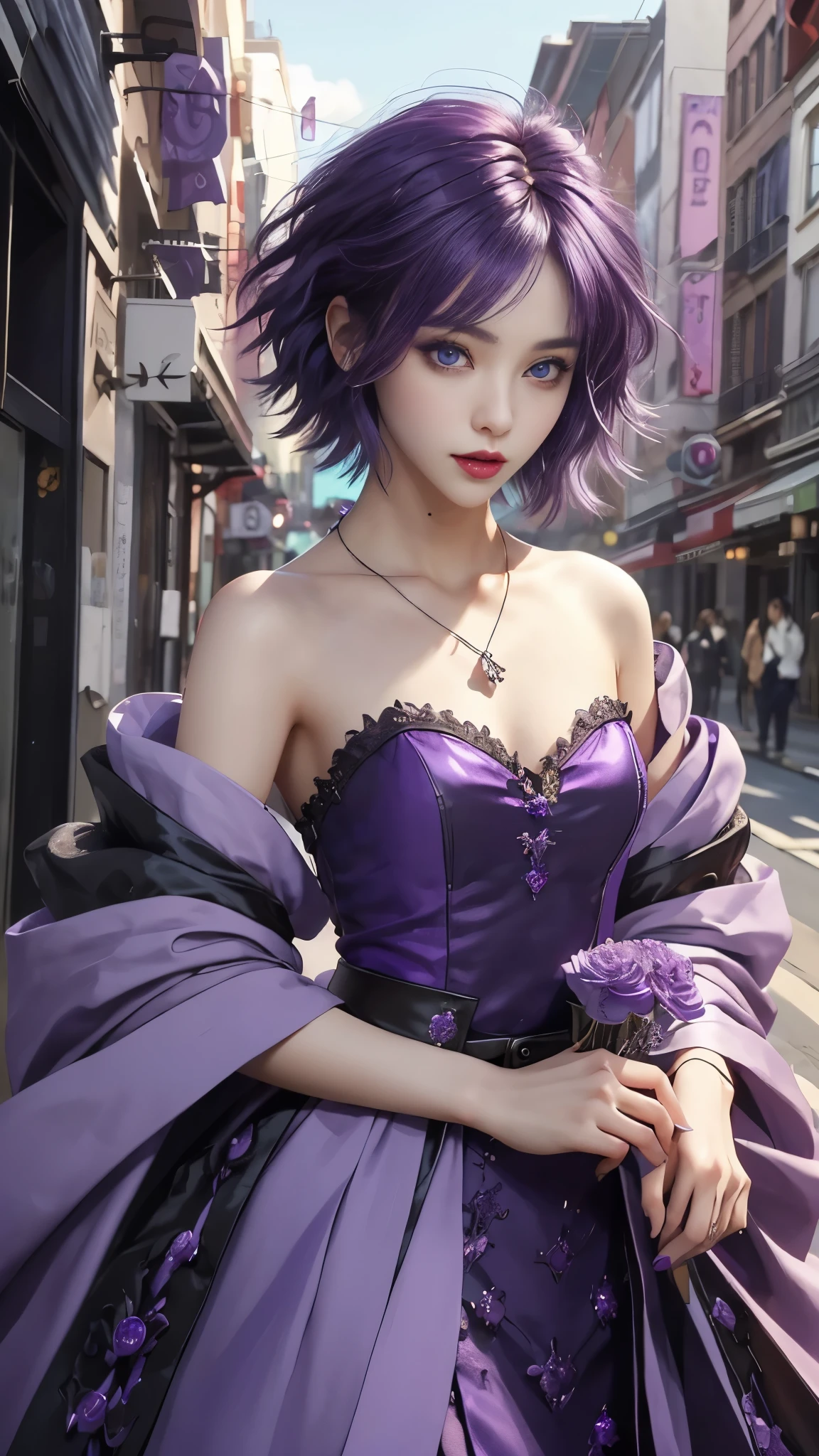 ​masterpiece, top-quality, ((1womanl)), different purple color, finely eye and detailed face, intricate detailes, Casual black and purple attire, window, A smile, Happiness, tenderness, high-level image quality、selfee, Beautuful Women、tall、a small face, D-cups, The upper part of the body、nightfall, nighttime scene、𝓡𝓸𝓶𝓪𝓷𝓽𝓲𝓬、Korea person, Idol Photos, Model photo, k pop, Professional Photos, Vampires, Korean fashion in black and purple, Fedoman with necklace, inspired by Sim Sa-jeong, androgynous vampire, :9 detailed face: 8, extra detailed face, detailed punk hair, ((eyes are deialed)) baggy eyes, Seductive. Highly detailed, semi realistic anime, Vampires, hyperrealistic teen, Delicate androgynous princess, imvu, ((short hair woman)), purple hair woman with wild look, ((Woman with short purple hair)), ((1 persons)),