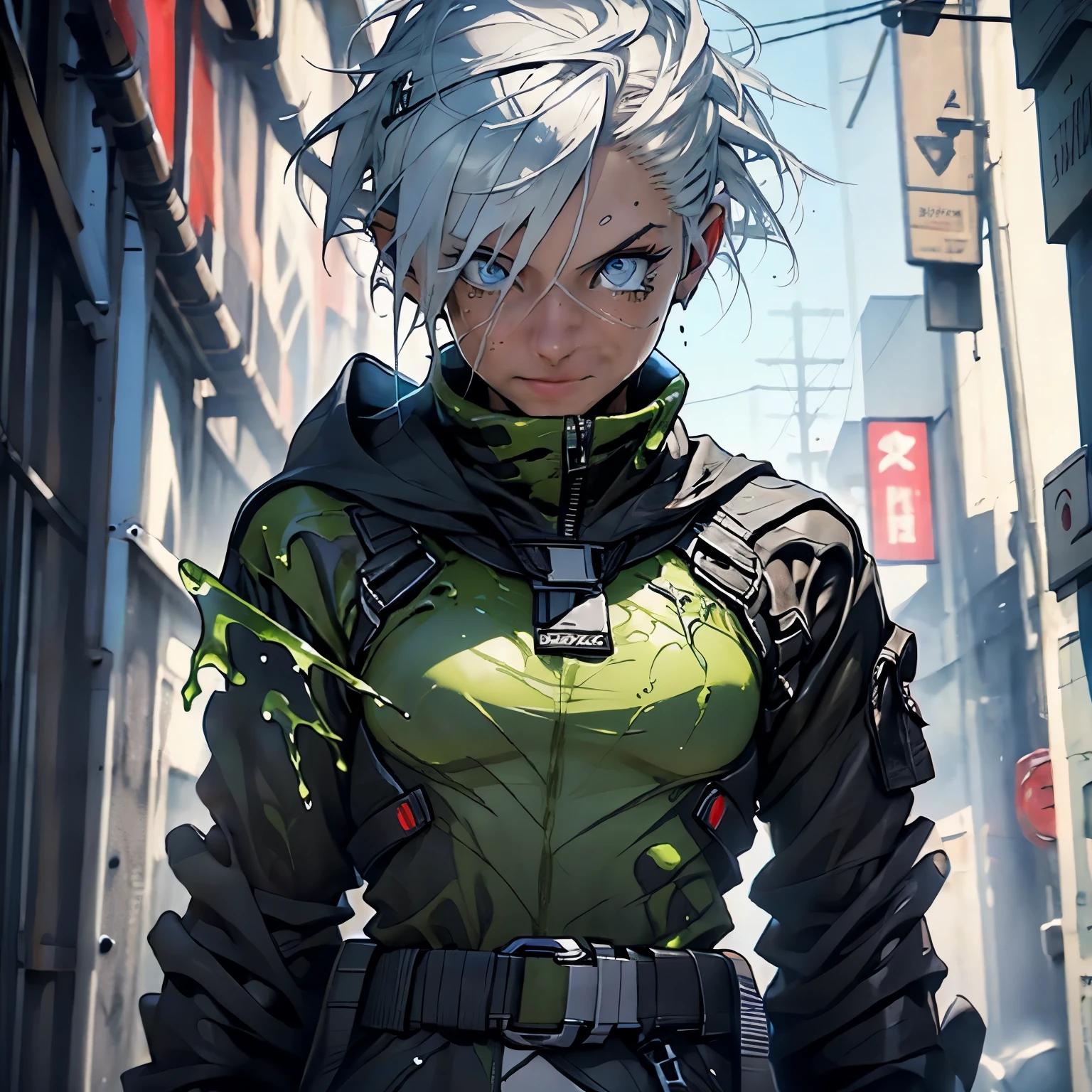 Young Adult, Androgynous, Assassin, Plasmiod, Beautiful, Athletic, Thin, Silver Hair, Shorthair, Blue Eyes, Smiling, Jungle, 3D, Cinematic, HDR, Very Detailed, HD, Background, RTX, 2K, Masterpiece, RE3Jill, ((( Slime Translucid body liquid))), Full Body, Very Detailed, HD, 3D, 2K, Masterpiece