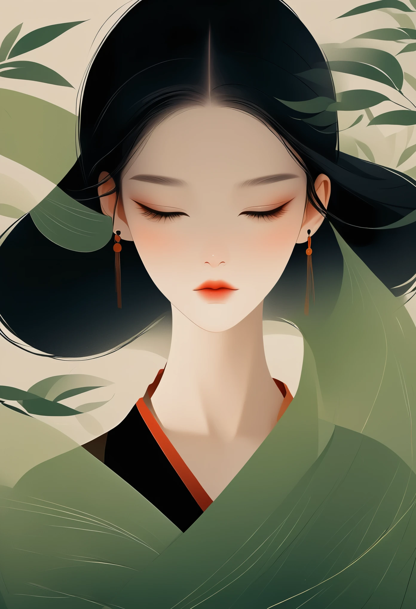 Vector，flat style，illustration，minimalist，数字艺术illustration，1 girl，unique，black hair，beautiful face，portrait，Shoulder，beautiful hands，Zen，artistic conception，abstract