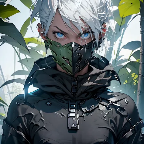 Young Adult, Androgynous, Assassin, Plasmiod, Beautiful, Athletic, Thin, Silver Hair, Shorthair, Blue Eyes, Smiling, Jungle, 3D,...
