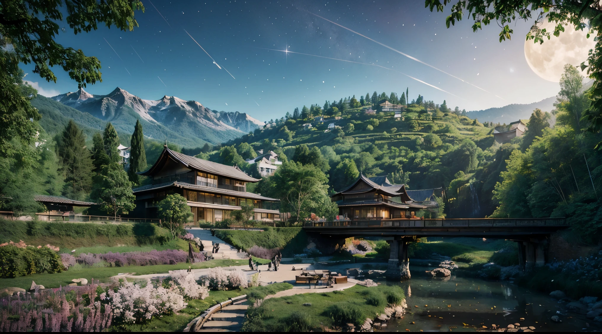 A masterpiece, a bamboo forest, a field, an 18-year-old beautiful girl wearing a kimono, a starry sky, the moon, bamboo, a deep view, many stars, a night view, a simple small old folk house, a mountain, a river, a bridge, a magic tree, a fantasy valley, Bamboo forest, magical world, colorful and detailed dreamscape, beautifully detailed fantasy, flowers
