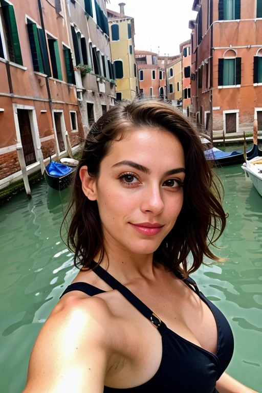 photo d&#39;a beautiful Italian woman in Venice, river short wavy hair taking a selfie