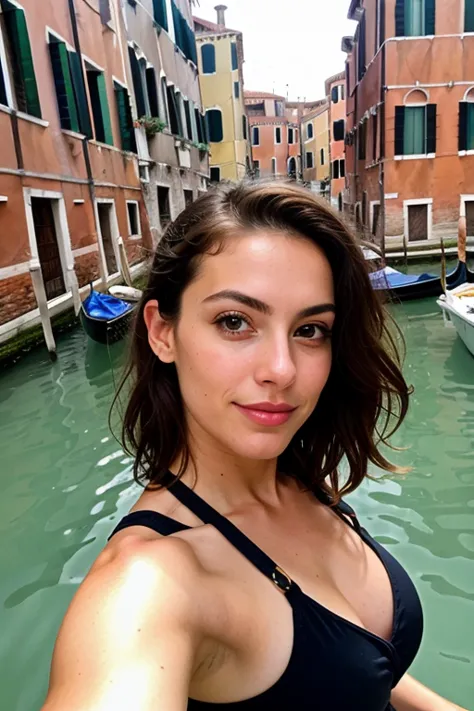 photo d&#39;a beautiful italian woman in venice, river short wavy hair taking a selfie