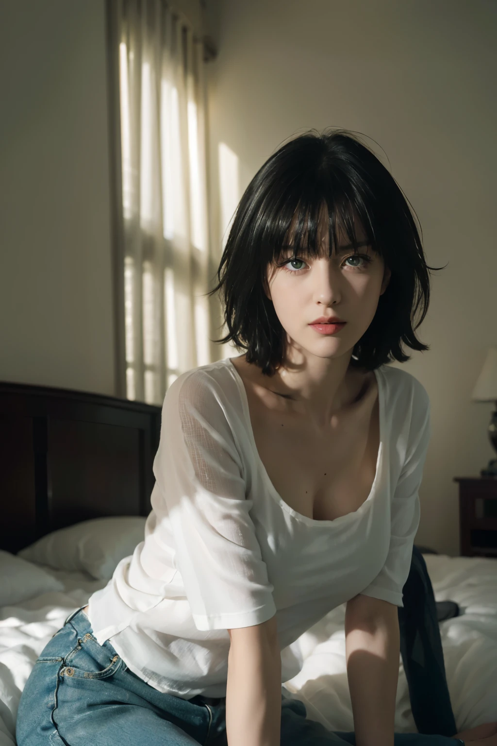 (8K, highest quality, masterpiece:1.2), (software:1.3), (realistic, photo-realistic:1.37), Super detailed, Fubuki, Close up portrait of woman sitting on bed,short black hair,green eyes,Breast size is about G cup,perfect style,dignified and beautiful woman,fubuki, Wearing a white T-shirt without a bra,