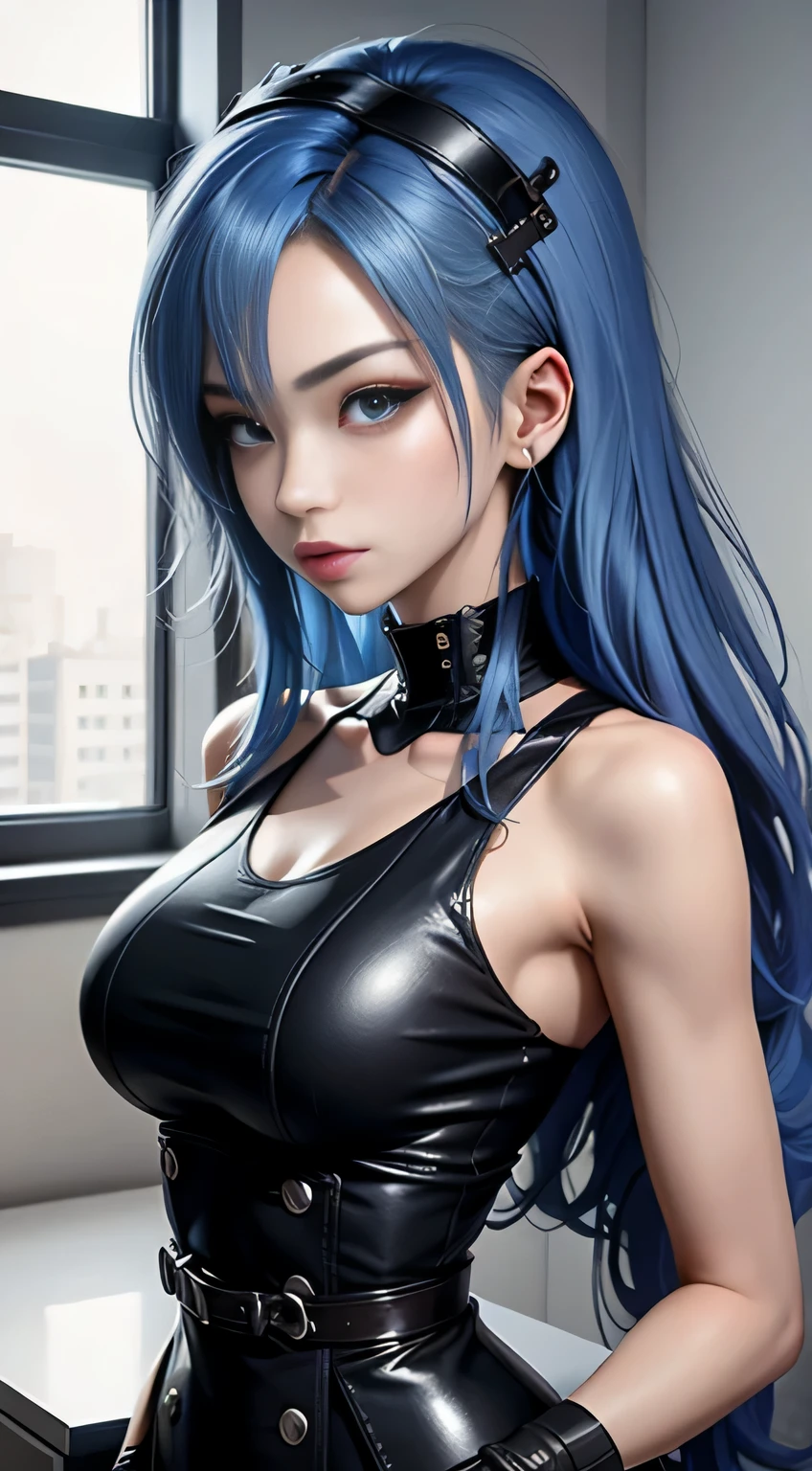 sfw, Anime character with blue hair and blue eyes holding mobile phone, Top Rated on pixiv, pixiv, popular on pixiv, In pixiv, Pixiv Contest Winner, pixiv daily ranking, pixiv 3dcg, pixiv style, featured on pixiv, trending in pixiv, pixiv trending, Digital art at Pixiv, 2 d anime style, wearing bra,((skinny waist)), young asian girl, ((big breasted)),