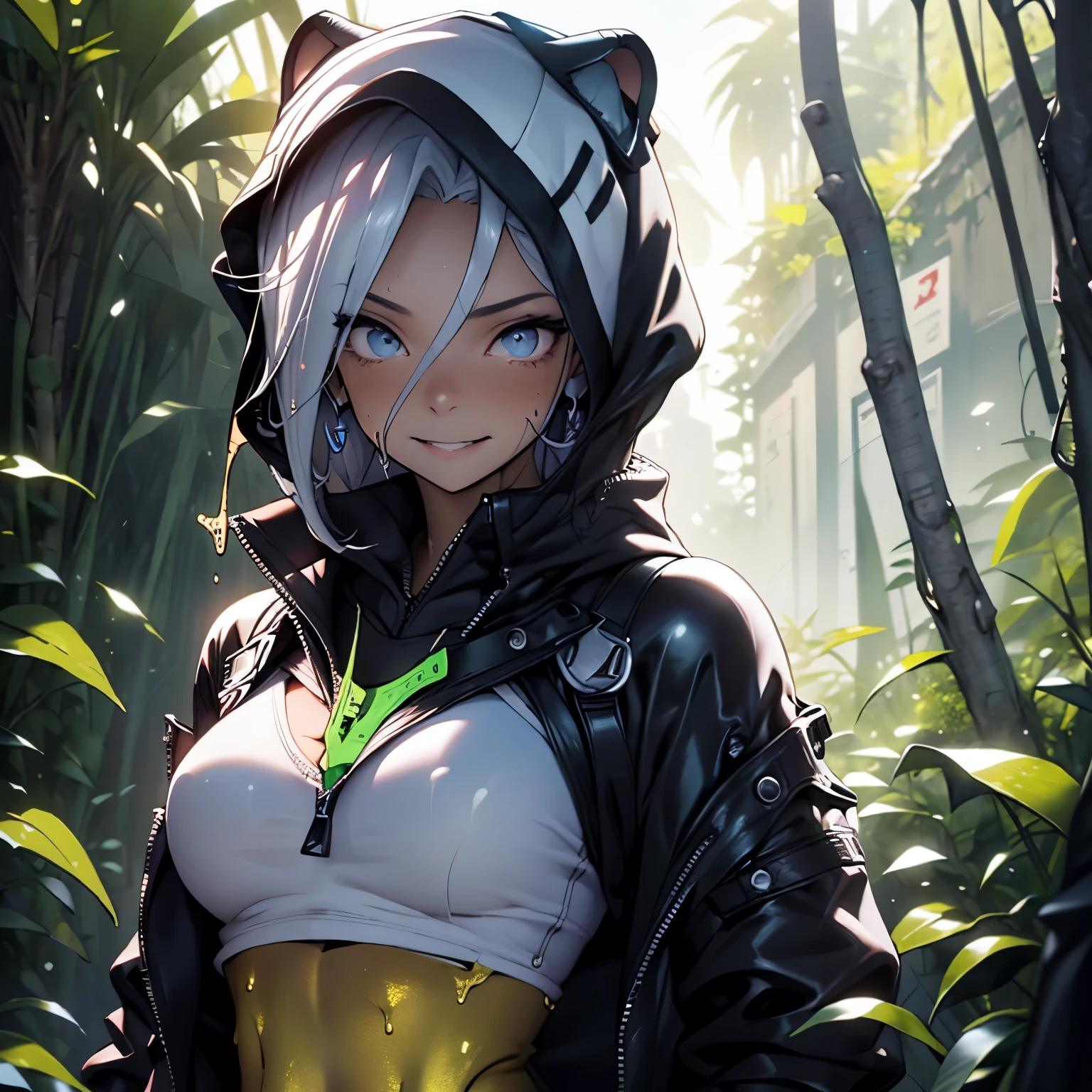 Young Adult, Androgynous, Assassin, ((( Plasmiod ))), Beautiful, Black Hood, Mask, Athletic, Thin, Silver Hair, Shorthair, Blue Eyes, Smiling, Jungle, 3D, Cinematic, HDR, Very Detailed, HD, Background, RTX, 2K, Masterpiece, RE3Jill, ((( Slime Translucid body ))), Full Body, Very Detailed, HD, 3D, Masterpiece