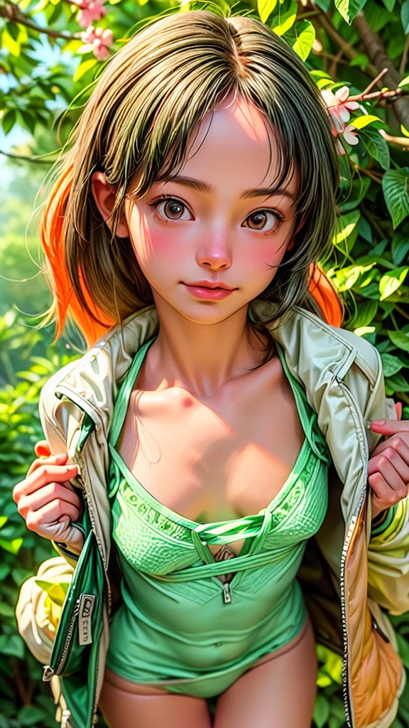 (1 open-faced girl, very cute). (green:1.5, orange:1.1, white:1.3, yellow:1.3), (very sexy female rapper with dreadlocks), (tattoos), (naked body parts), (down jacket: 1 ,2), (Naked jacket, thong, shorts, short T-shirt). (fractal, cherry blossoms, green leaves, fog, circles background).
