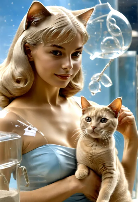 une femme diaphane et transparente se promène avec son chat de sable sur l épaule dans un décor de sciences fiction. 