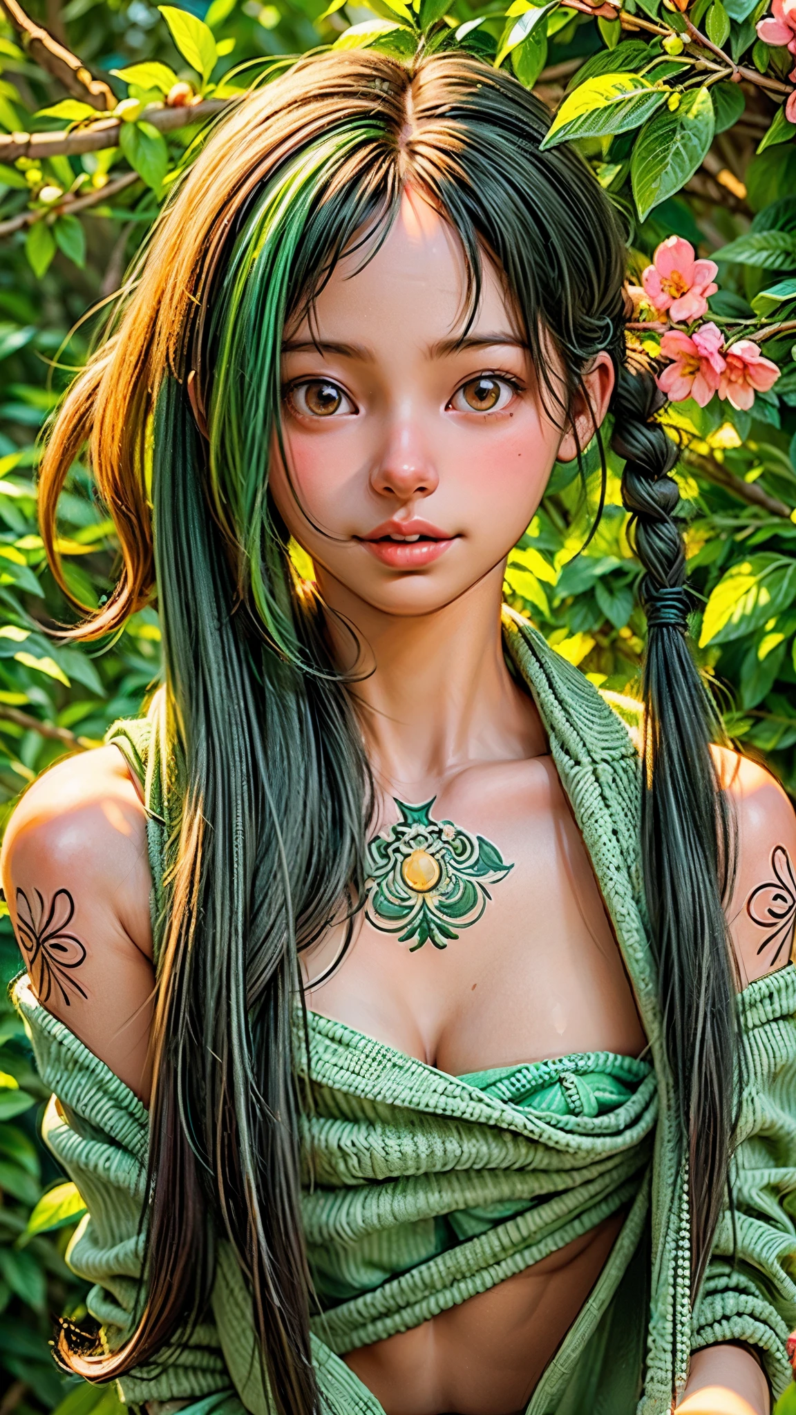 (1 open-faced girl, very cute). (green:1.5, orange:1.1, white:1.3, yellow:1.3), (very sexy female rapper with dreadlocks), (tattoos), (naked body parts), (down jacket: 1 ,2), (Naked jacket, thong, shorts, short T-shirt). (fractal, cherry blossoms, green leaves, fog, circles background).