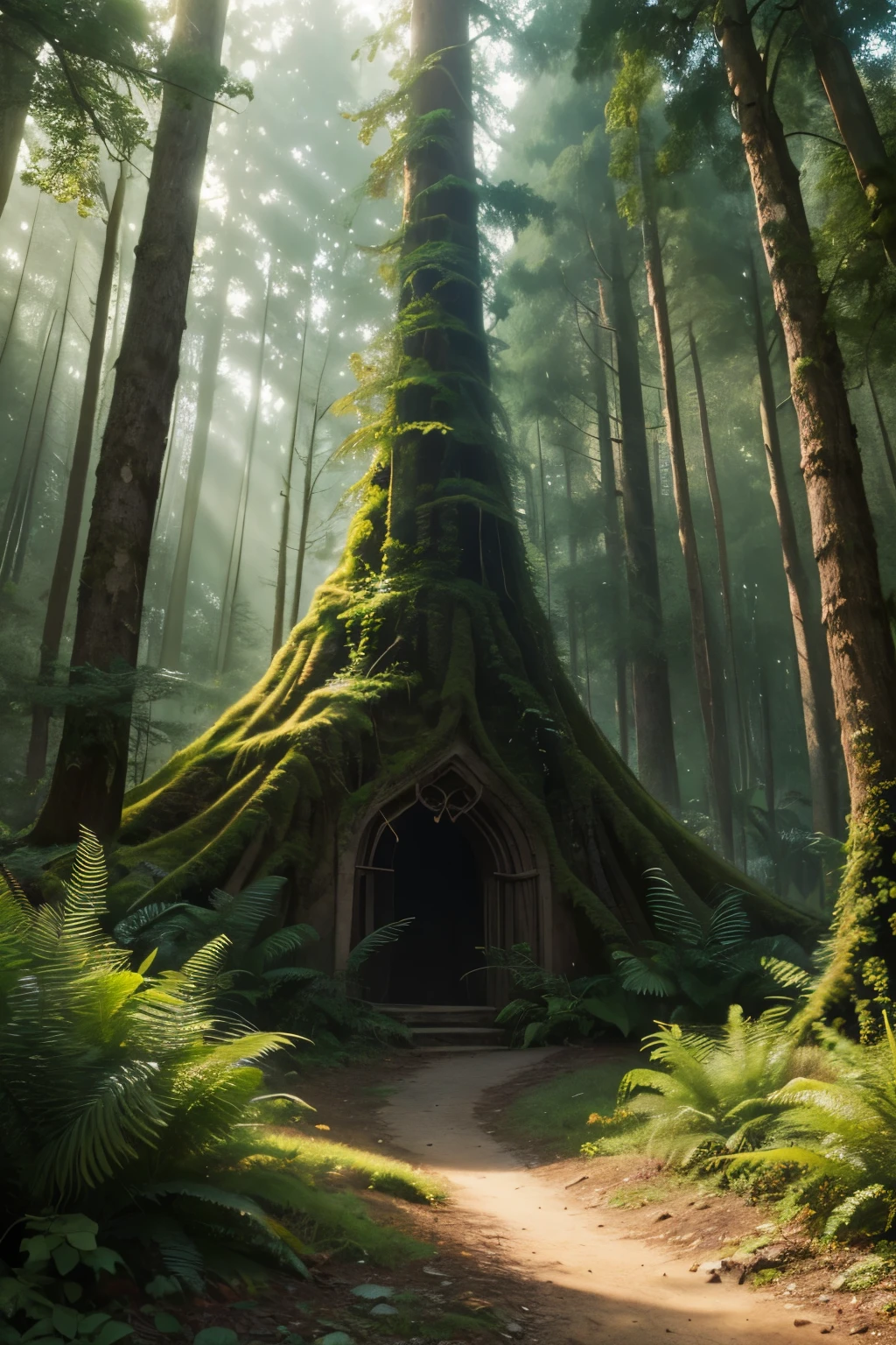 Beautiful hyper-realistic and super-detailed background that shows the vegetation of a virgin, ancient and mysterious forest with exotic, large-leaved plants, 