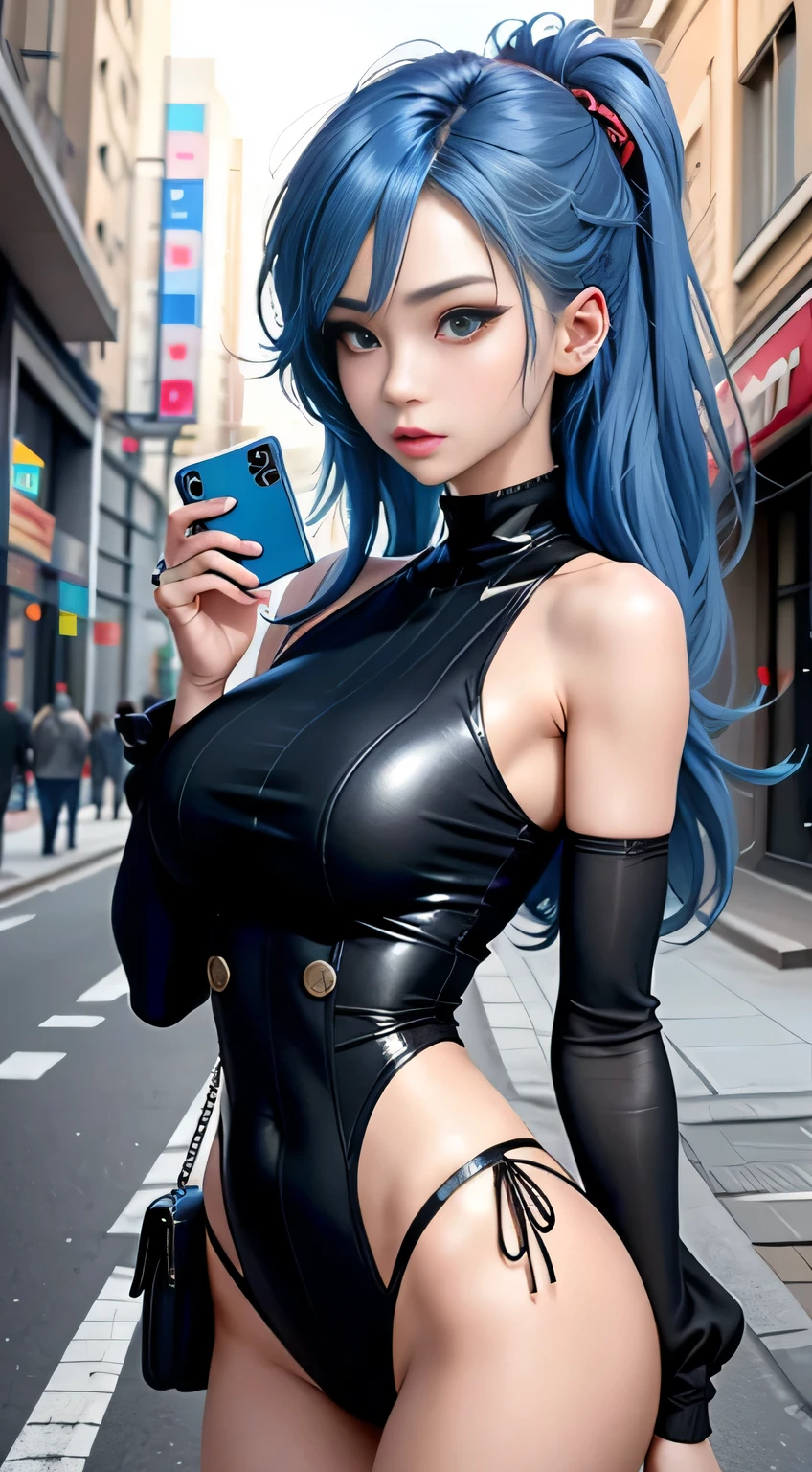 SFW, Personaje de anime con cabello azul y ojos azules sosteniendo un teléfono móvil., mejor valorados en pixiv, pixiv, popular en pixiv, en pixiv, ganador del concurso pixiv, ranking diario de pixiv, Pixiv 3DCG, estilo pixiv, presentado en Pixiv, tendencia en pixiv, tendencias pixiv, Arte digital en Pixiv, estilo anime 2d, usando sujetador,((cintura delgada)), joven asiática, ((grandes pechos)),