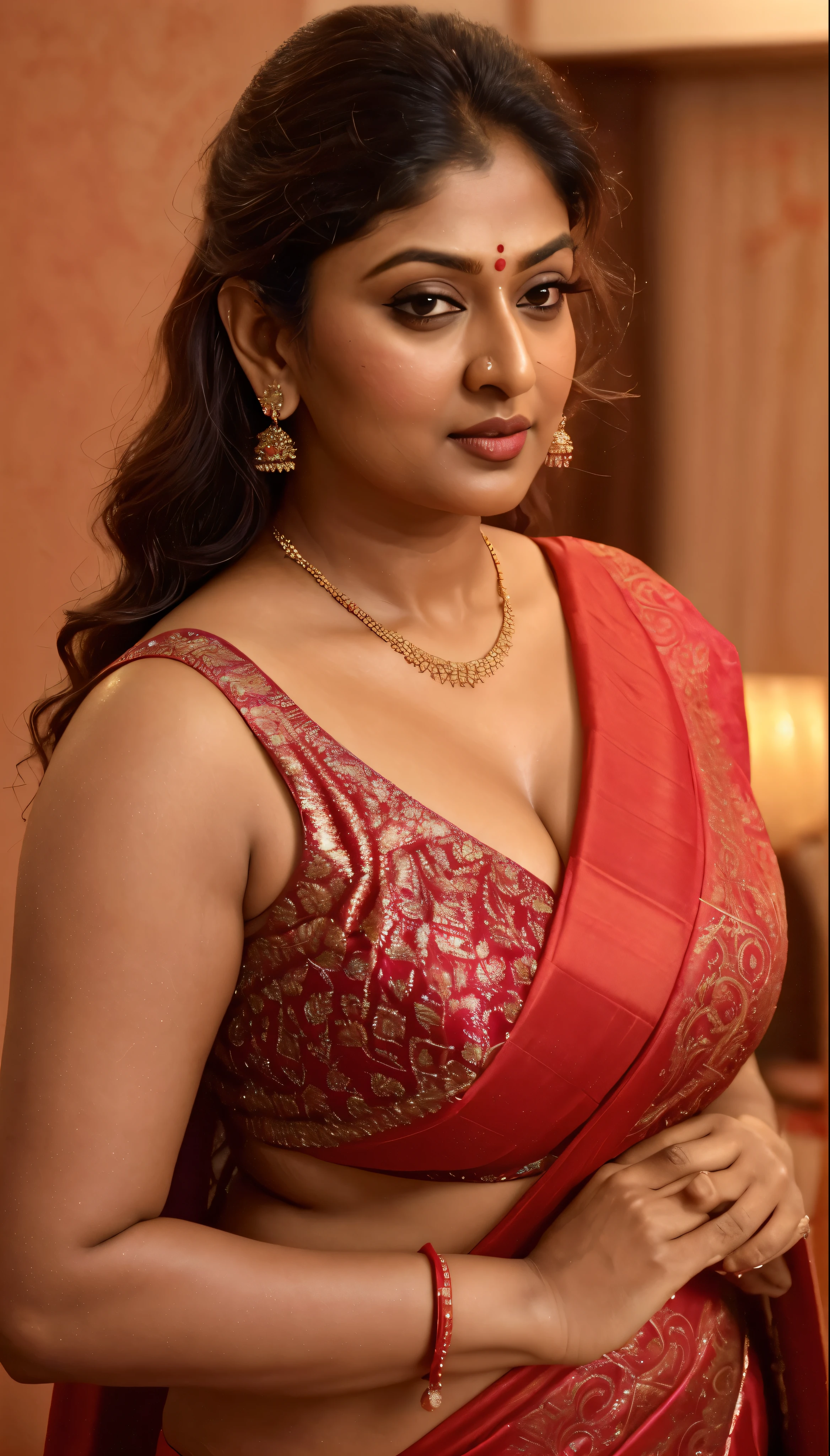 Anusha hot cleavage photos in red sari - SeaArt AI